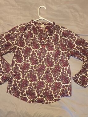 Vintage Paisley Print Long-Sleeve Blouse - Burgundy and Cream